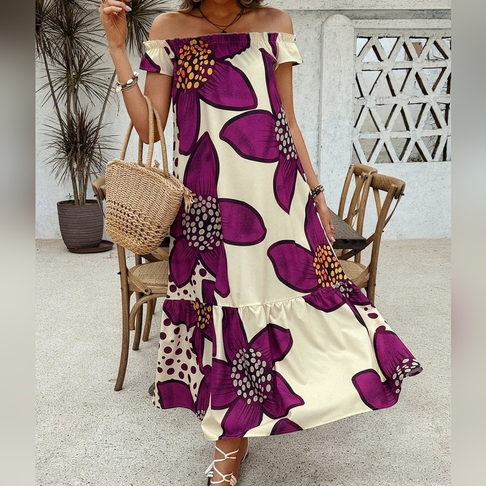 Women\ One Shoulder Printed Casual Vacation Dress With Ruffled Hem - Picture 1 of 4